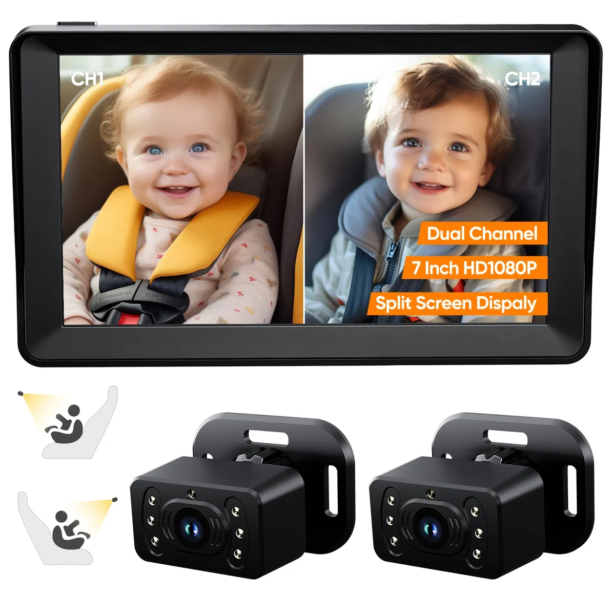 Cámara de coche de bebé para 2 niños, monitor de bebé de pantalla dividida de 7 pulgadas con cámara dual | Amplia visión de 150° y rotación de 360°, visión nocturna fácil de instalar, espejo retrovisor para coche de bebé