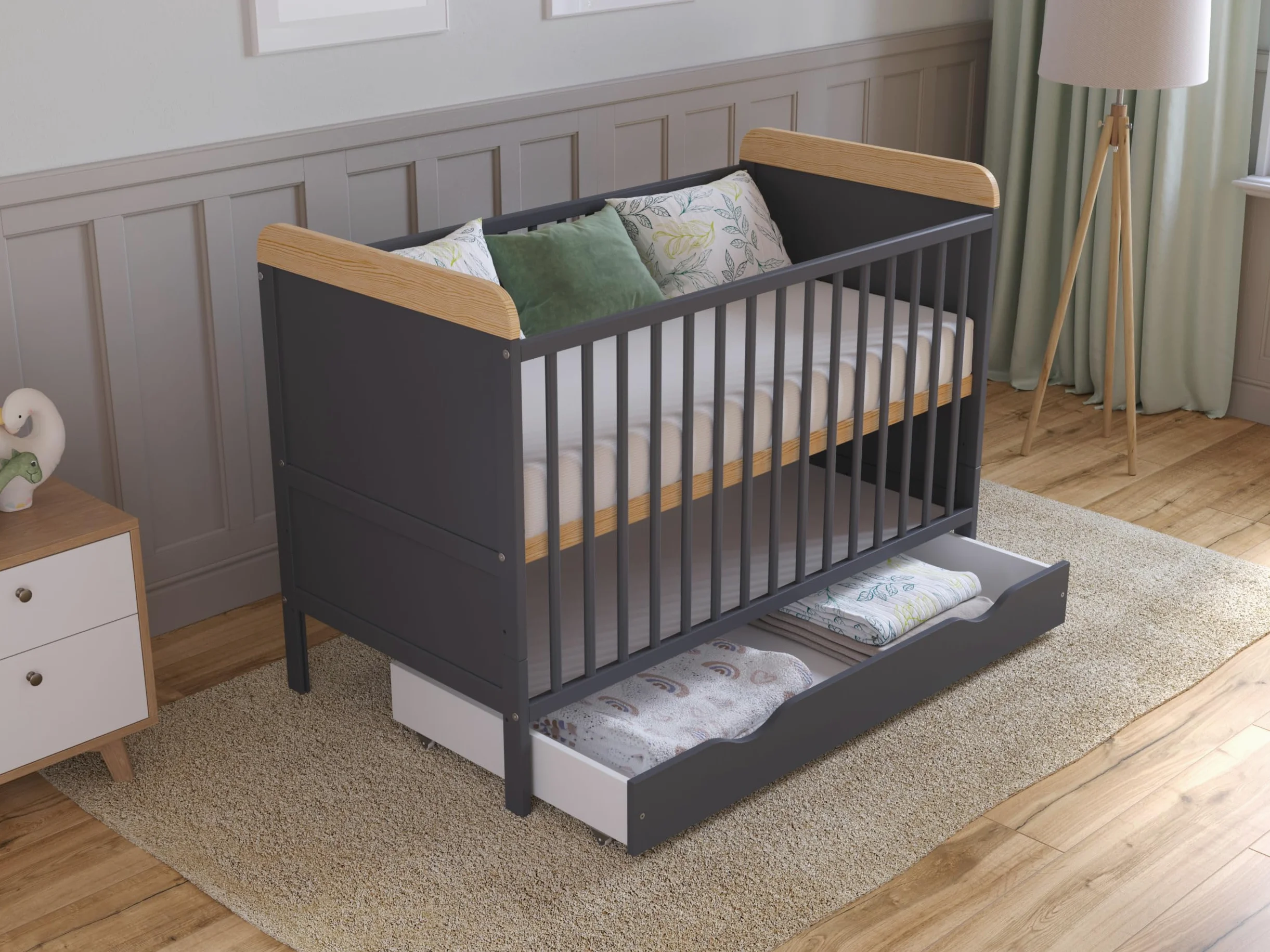 Love For Sleep Cuna Convertible en Cama 120x60 cm - con Cajón & Colchón - Cuna Madera Antracita-Pino, Juego Completo de Cuna - Cuna Cama Bebe Convertible