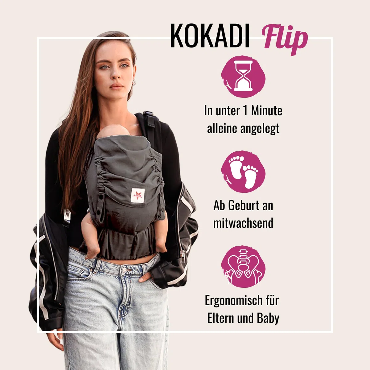 kokadi Mochila Portabebés Flip Talla Bebé Algodón - Unisex, gris