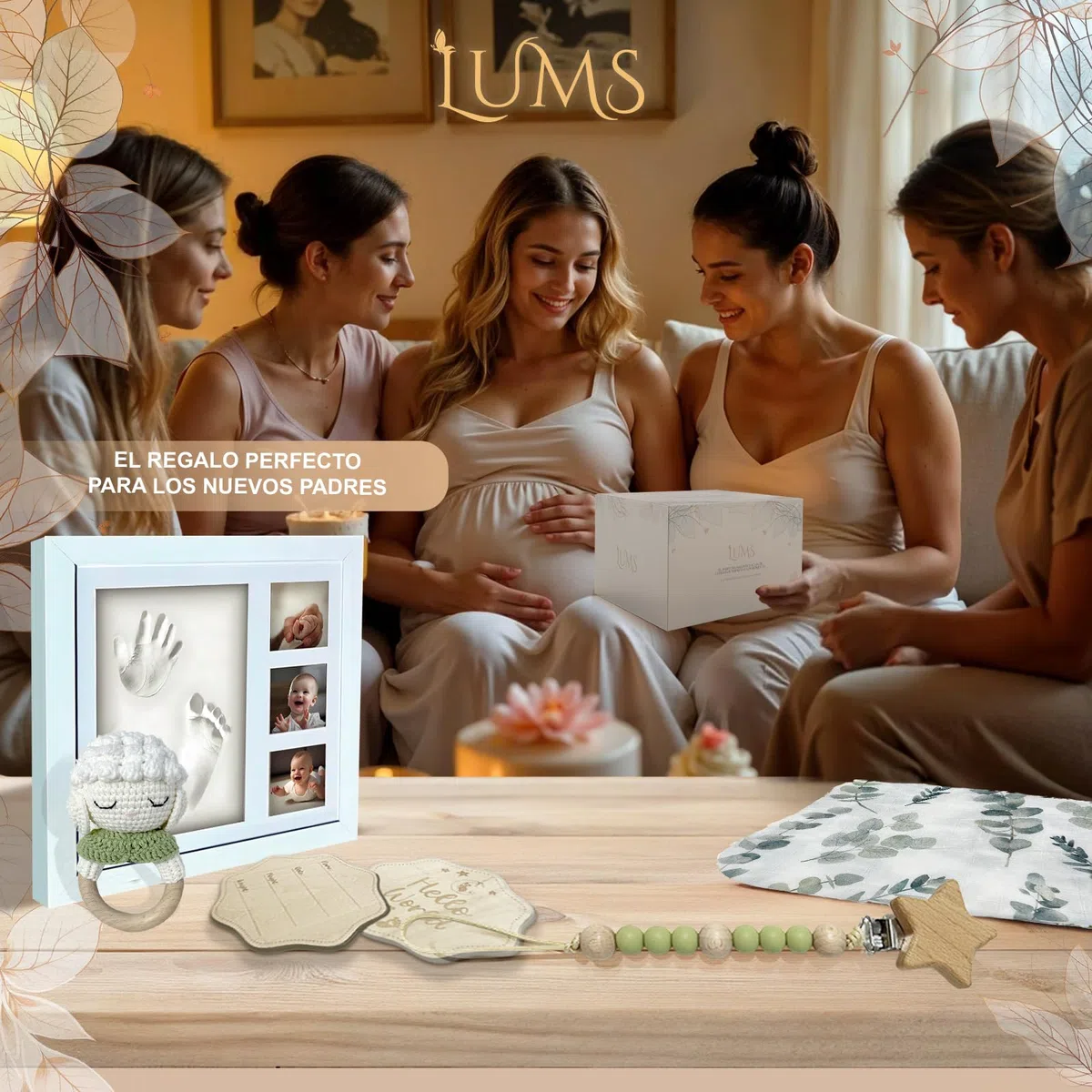 LUMS Canastilla Bebé Recién Nacido | Set Regalo 6 Piezas: Marco Huellas, Manta Bambú, Sonajero, Peine, Tarjeta Madera, Portachupetes y Caja Regalo – Cesta Bebé Unisex para Baby Shower, Nacimiento