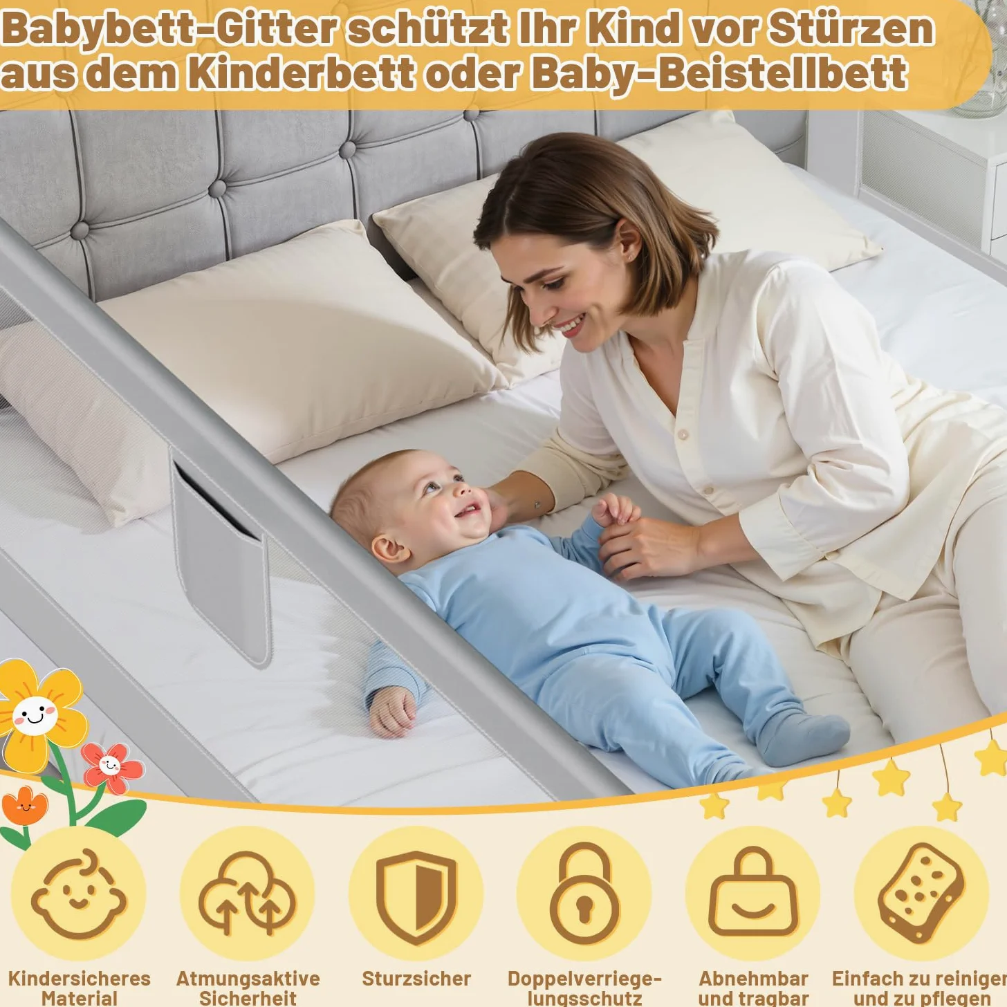 Ikodm Barrera para cama de 200 cm x 2 + 180 cm x 1, altura regulable 64-96 cm, para bebés y niños, con interruptor de doble botón, fácil montaje, color gris