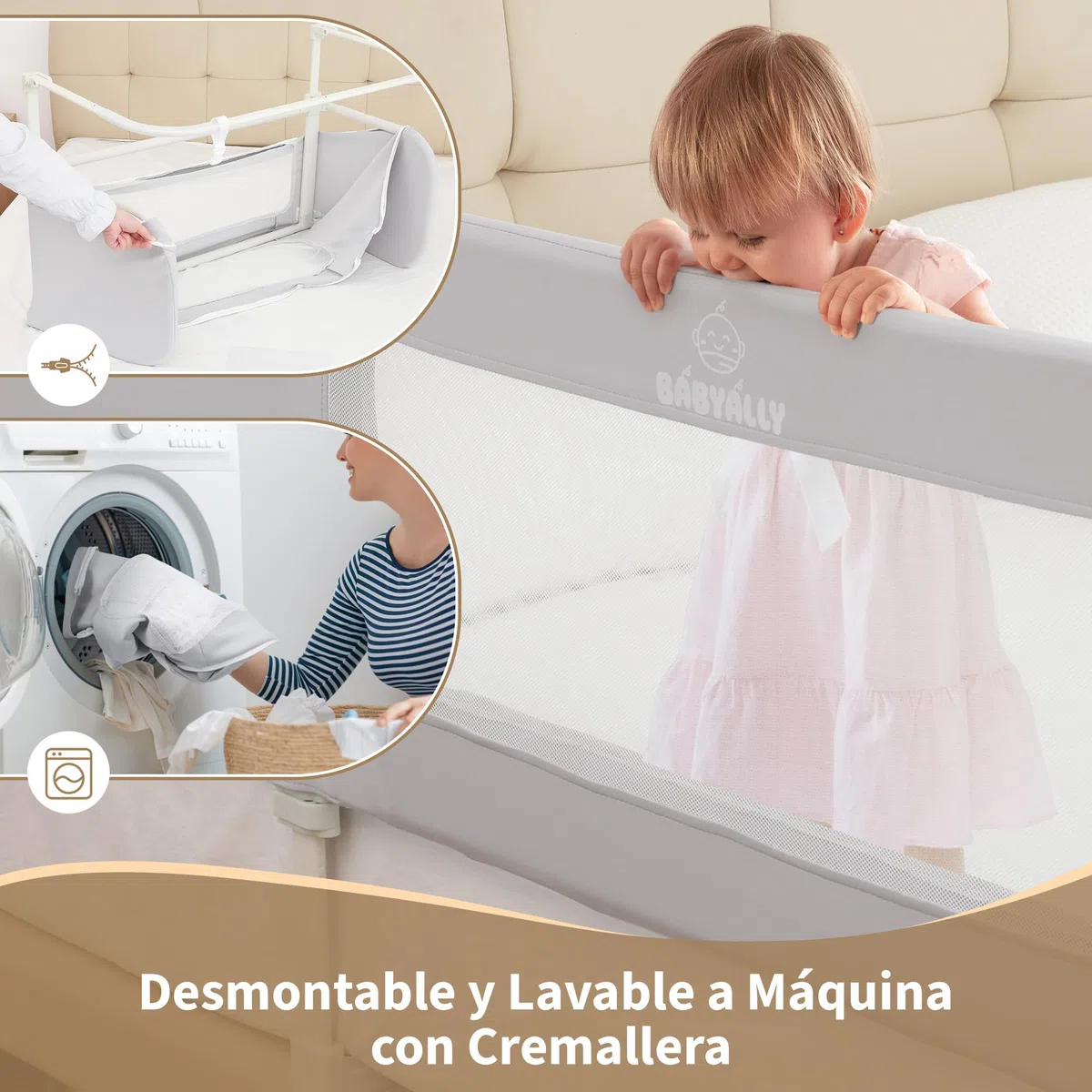 2 en 1 Barrera de Cama Abatible 185cm, Cuna Colecho con Bolsa de Transporte Viaje para Viajar o Vacaciones - Sin instalación, Fácil de Transportar - Gris