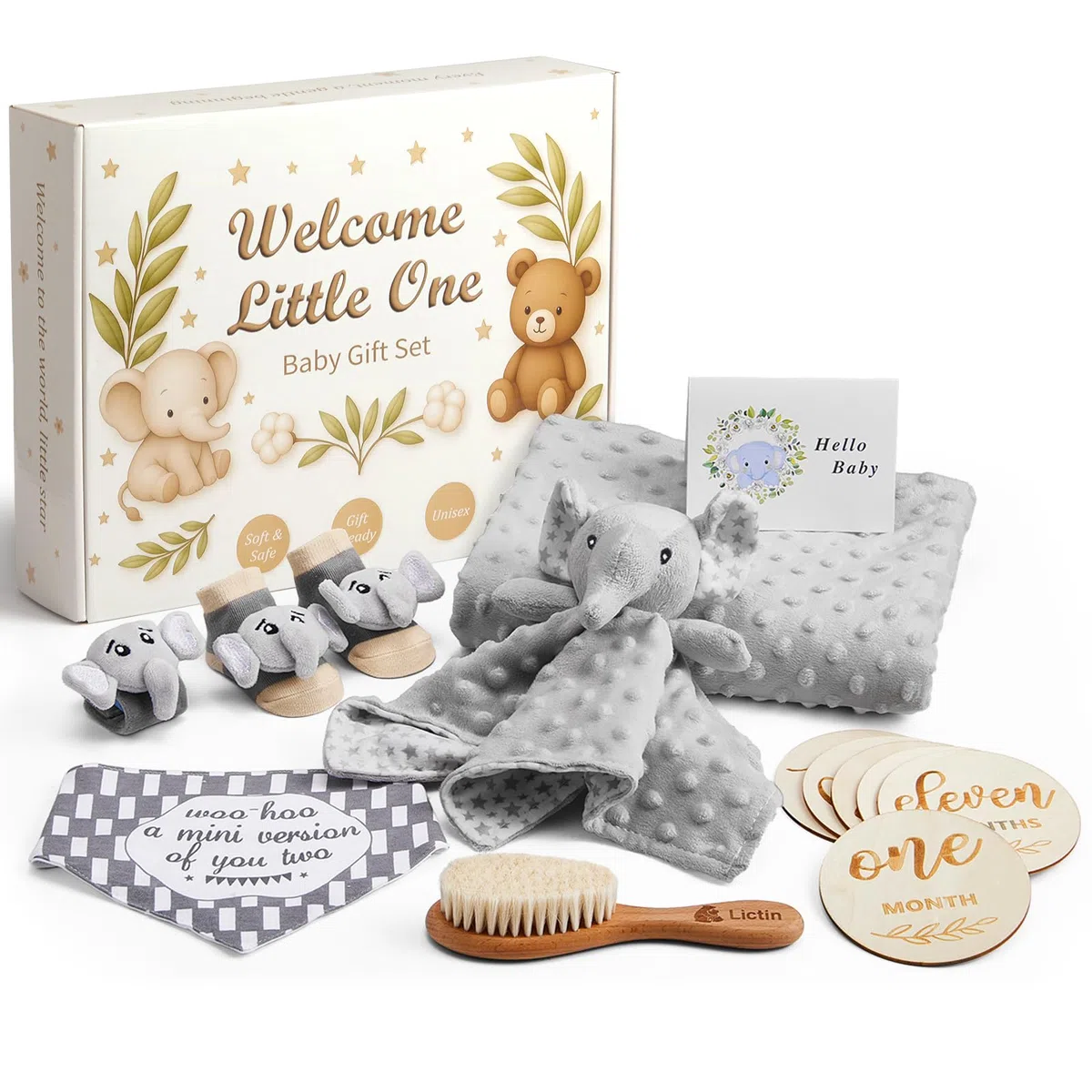 Lictin Cesta de Recién Nacido para Niños y Niñas bebé-14PCS Cesta de Bebé Recién Nacido con Manta de Bebé, Tarjetas Madera Cumple Mes,Manta de Seguridad Elefante, Calcetines Sonajero y Muñequera
