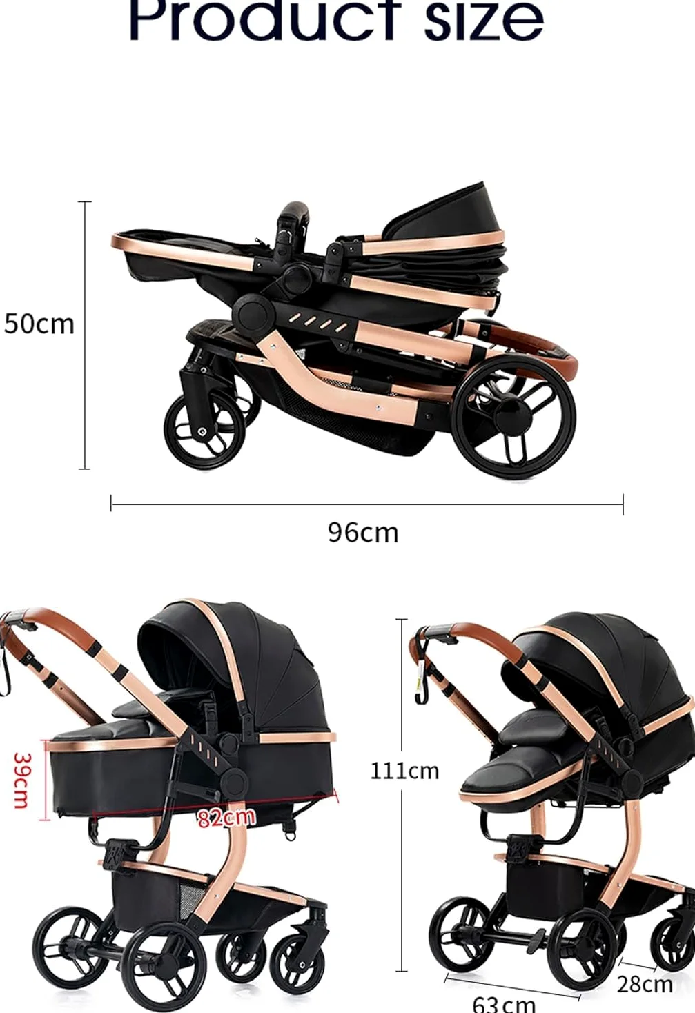3 en 1 Sistema de Viaje Para Bebé 3 en 1 Cochecito de Paisaje Alto Carrito con Capazo Silla de Paseo Cochecito de Bebé Reclinable Cochecito Estándar Plegable de Recién Nacido (khaki 518)