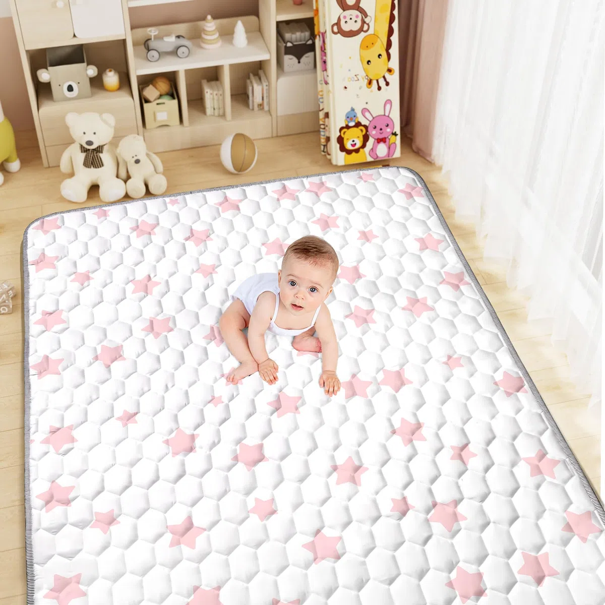 Aolso Alfombra Bebe, 150x 200cm Alfombra Bebe Plegable, Antideslizante Algodón Alfombras de Gateo, Colchoneta para Niños para Juegos en el Suelo, Suave & Grues-Estrellas Rosas