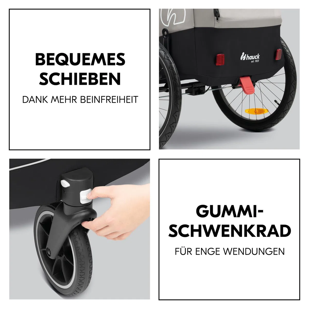 Hauck Dryk Duo Plus - Remolque de bicicleta y cochecito para 2 niños (6-48 meses), incluye protección contra la lluvia, toldo, barra de remolque, rueda de buggy, bandera y luz LED, color negro
