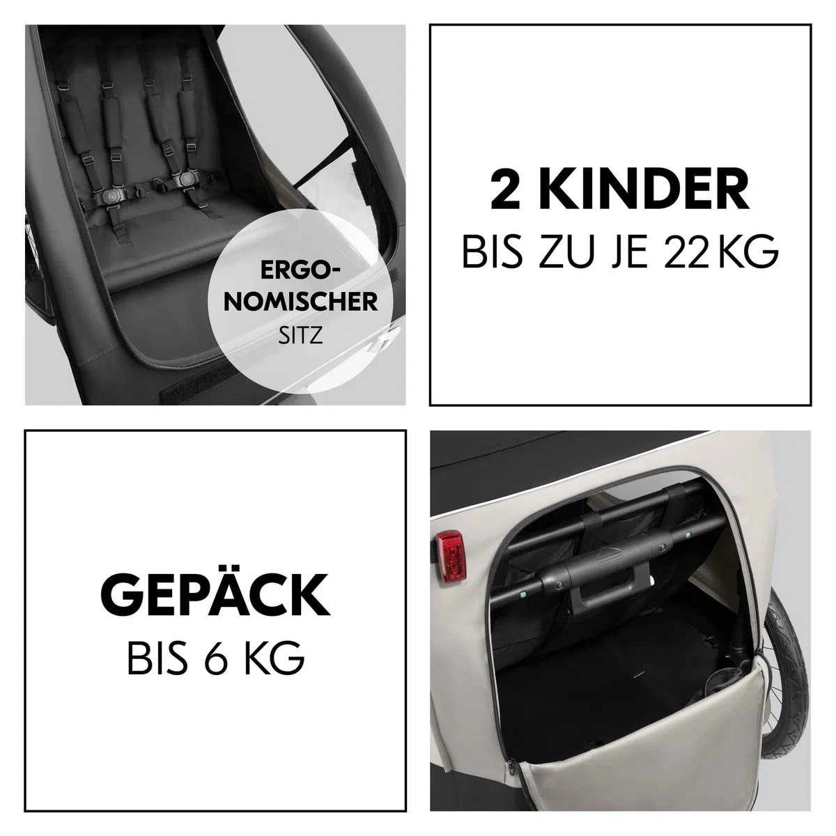 Hauck Dryk Duo Plus - Remolque de bicicleta y cochecito para 2 niños (6-48 meses), incluye protección contra la lluvia, toldo, barra de remolque, rueda de buggy, bandera y luz LED, color negro