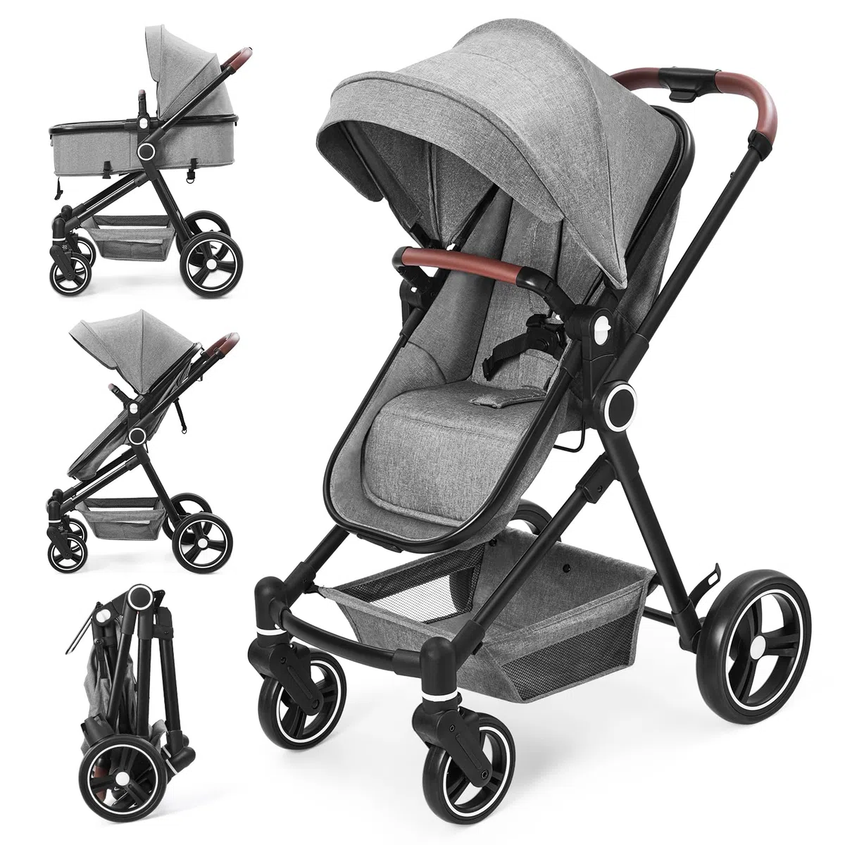 Silla de Paseo Bebé 2 en 1 con Asiento y Cuna Ajustables, Carrito Bebé con Compacto y Ligero, Toldo Retráctil, Cesta de Almacenamiento, Cinturón de Seguridad y Amortiguadores