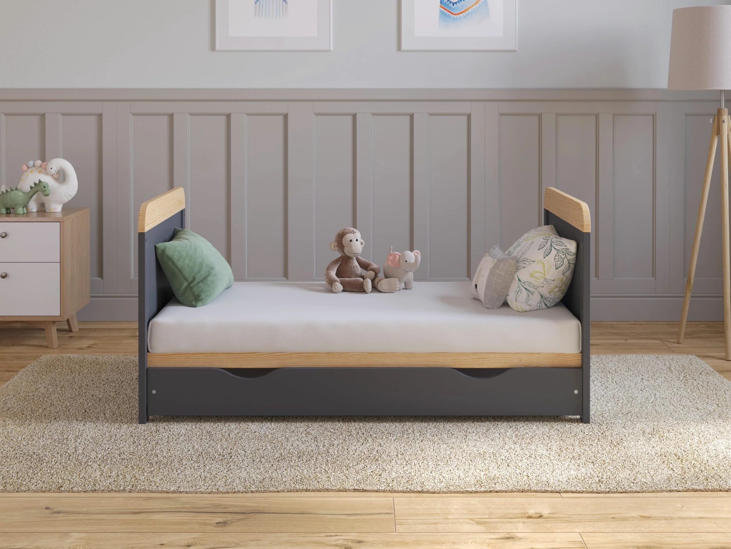 Love For Sleep Cuna Convertible en Cama 120x60 cm - con Cajón & Colchón - Cuna Madera Antracita-Pino, Juego Completo de Cuna - Cuna Cama Bebe Convertible