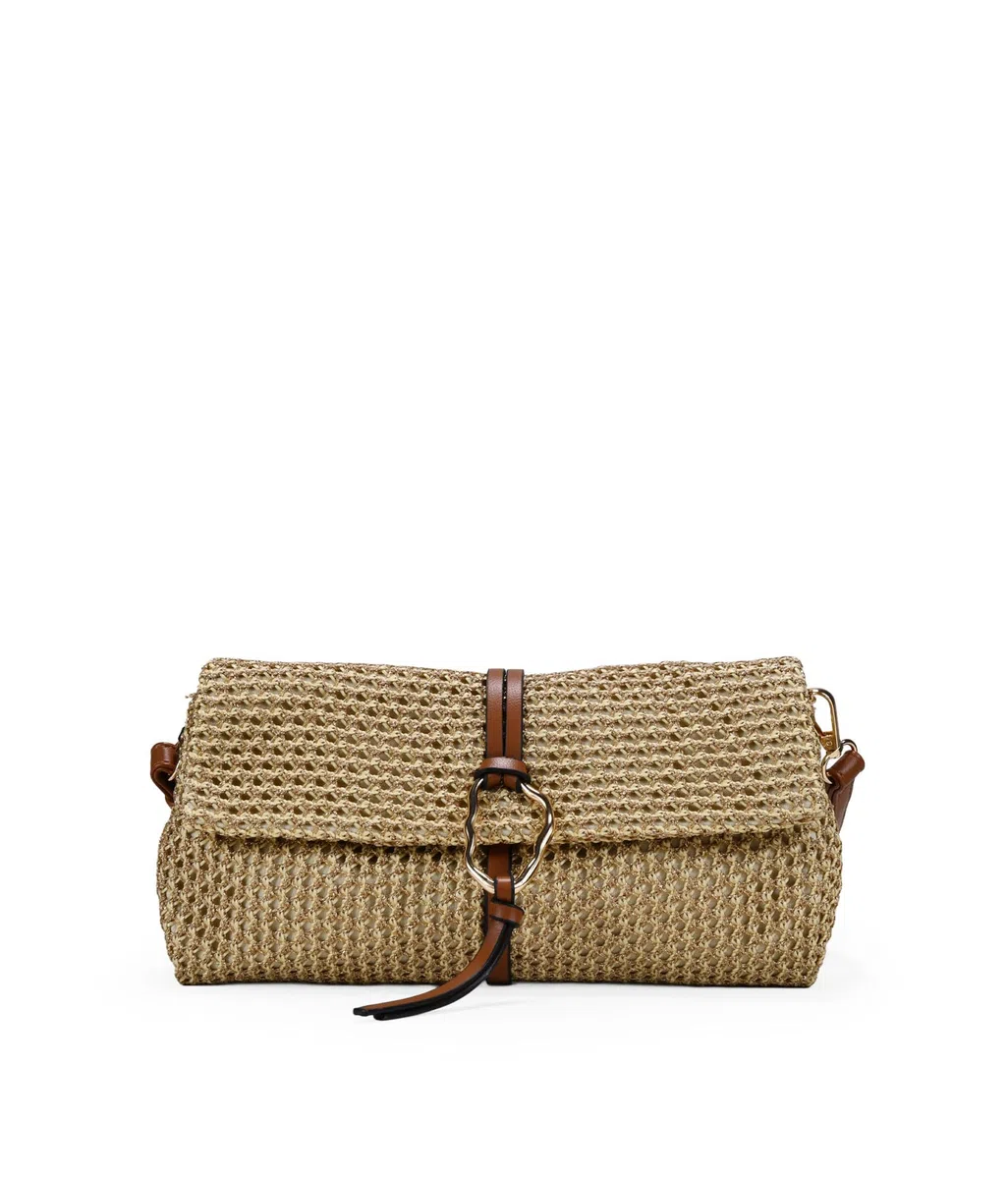 BOSANOVA Bolso Bandolera Rectangular para Mujer en Malla de Rafia con argolla metálica en la Solapa y asa de Cruzar extraíble. Cierre con imán. Oro U