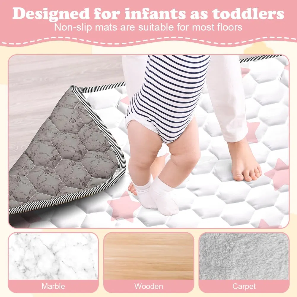 Aolso Alfombra Bebe, 150x 200cm Alfombra Bebe Plegable, Antideslizante Algodón Alfombras de Gateo, Colchoneta para Niños para Juegos en el Suelo, Suave & Grues-Estrellas Rosas