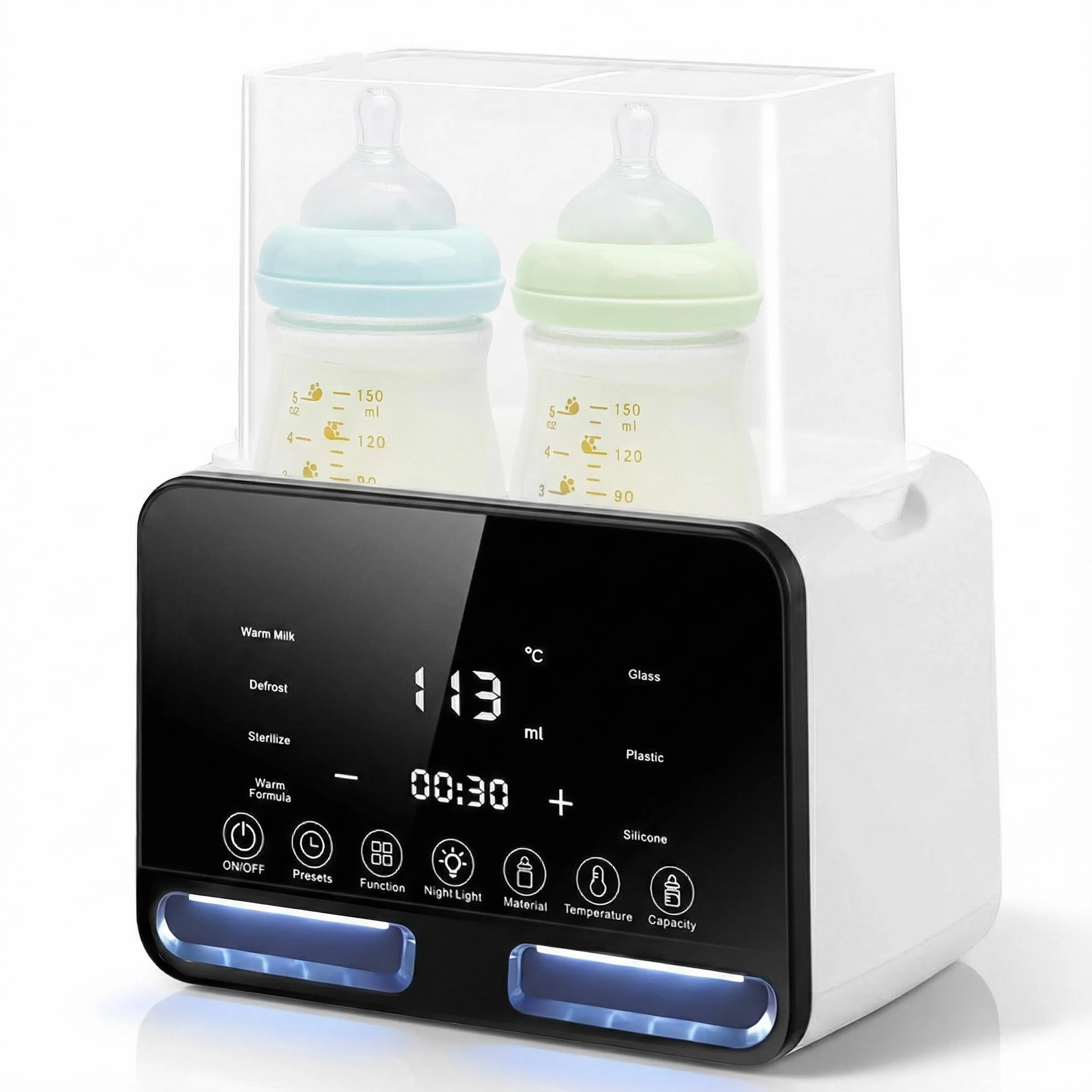 calienta biberones para bebé Carehabi para 2 biberones, Esterilizador Biberones, blanco, sistema 4 en 1 con esterilizador y control de temperatura, calienta y descongela alimentos para bebé