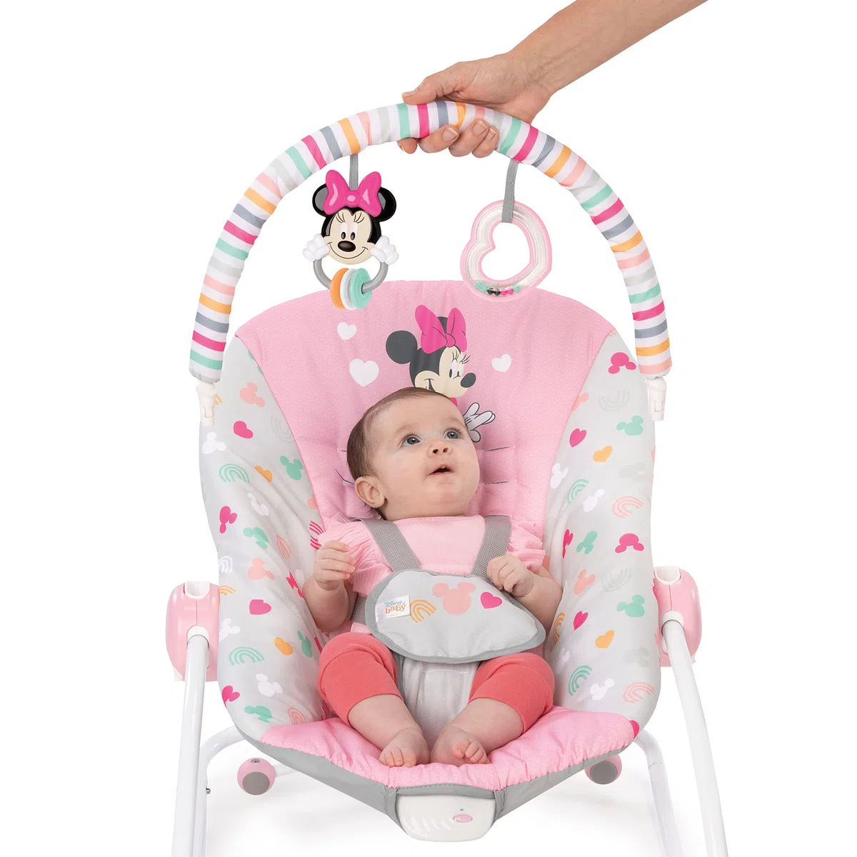 Bright Starts Disney Baby - Hamaca mecedora Minnie Mouse Forever Besties, Silla con vibraciones relajantes, arco de juego, 2 juguetes, arnés de 5 puntos, Rosa, 0 a 30 meses, hasta 18 kg