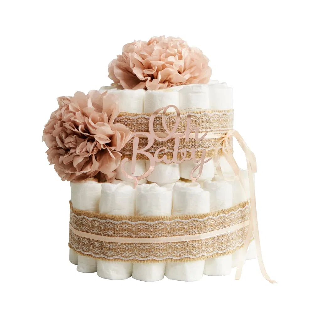 Tarta de Pañales | Pastel de Pañales para Niña | Regalo Original para Recién Nacido | Regalo para Bebé | Modelo Pink Roses - MyLittleBabies