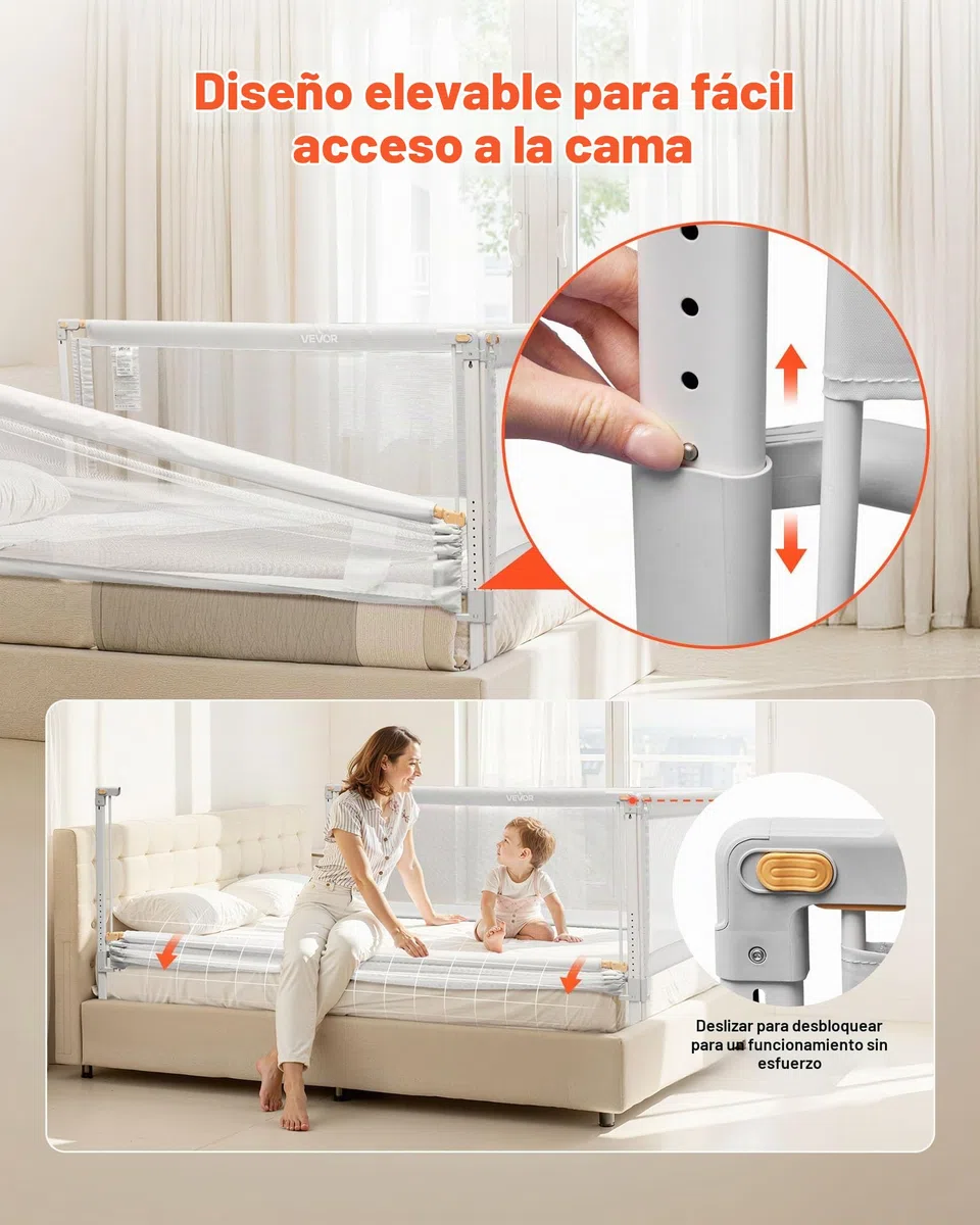 VEVOR Barandilla de Cama Infantil de 3 Lados, Tubo de Hierro Reforzado, Tela Oxford, Altura Ajustable de 68 a 89 cm, para Camas Tamaño King, Grosor de Colchón de 5 a 27 cm, 2000 x 620 mm, Gris