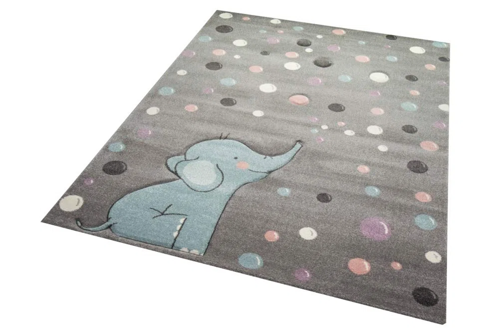 Teppich-Traum Alfombra Infantil Elefante Alfombra con Lunares en Gris Azul Größe 120x170 cm