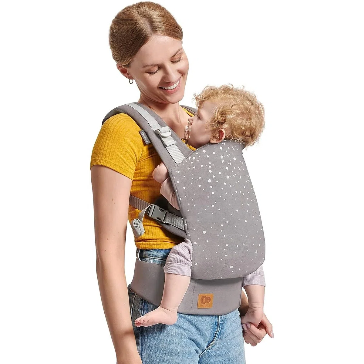 kk Kinderkraft NINO CONFETTI Mochila Portabebés, Portabebé Ergonómico da 3 mesi a 20 kg, Dorsal y Ventral posición, Bolsillo, Puro Algodón, Postura segura, Asiento ajustable, Gris