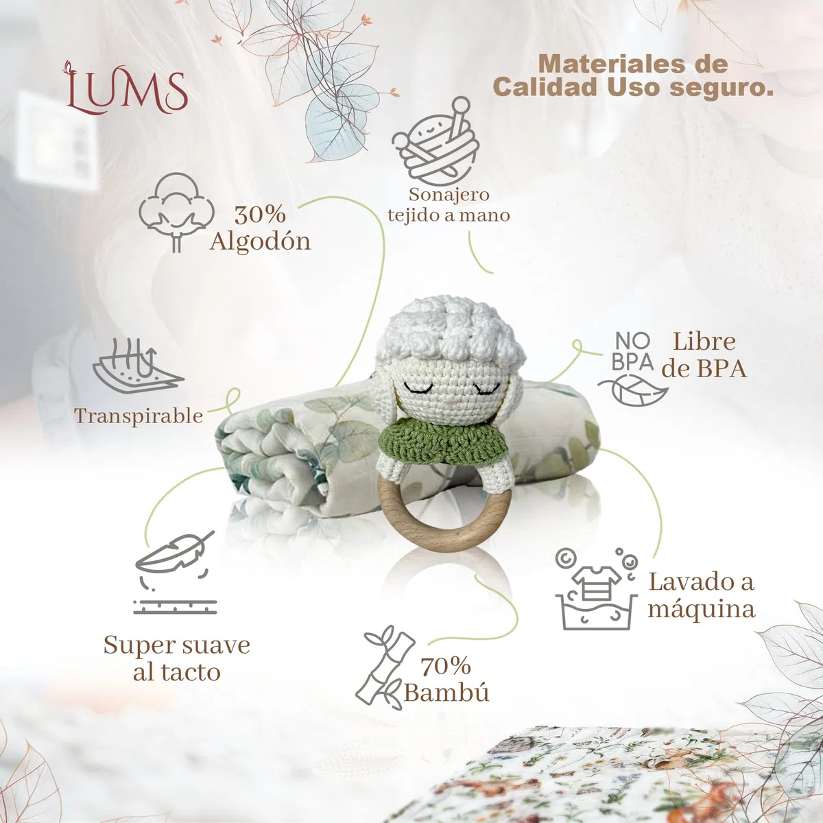 LUMS Canastilla Bebé Recién Nacido | Set Regalo 6 Piezas: Marco Huellas, Manta Bambú, Sonajero, Peine, Tarjeta Madera, Portachupetes y Caja Regalo – Cesta Bebé Unisex para Baby Shower, Nacimiento
