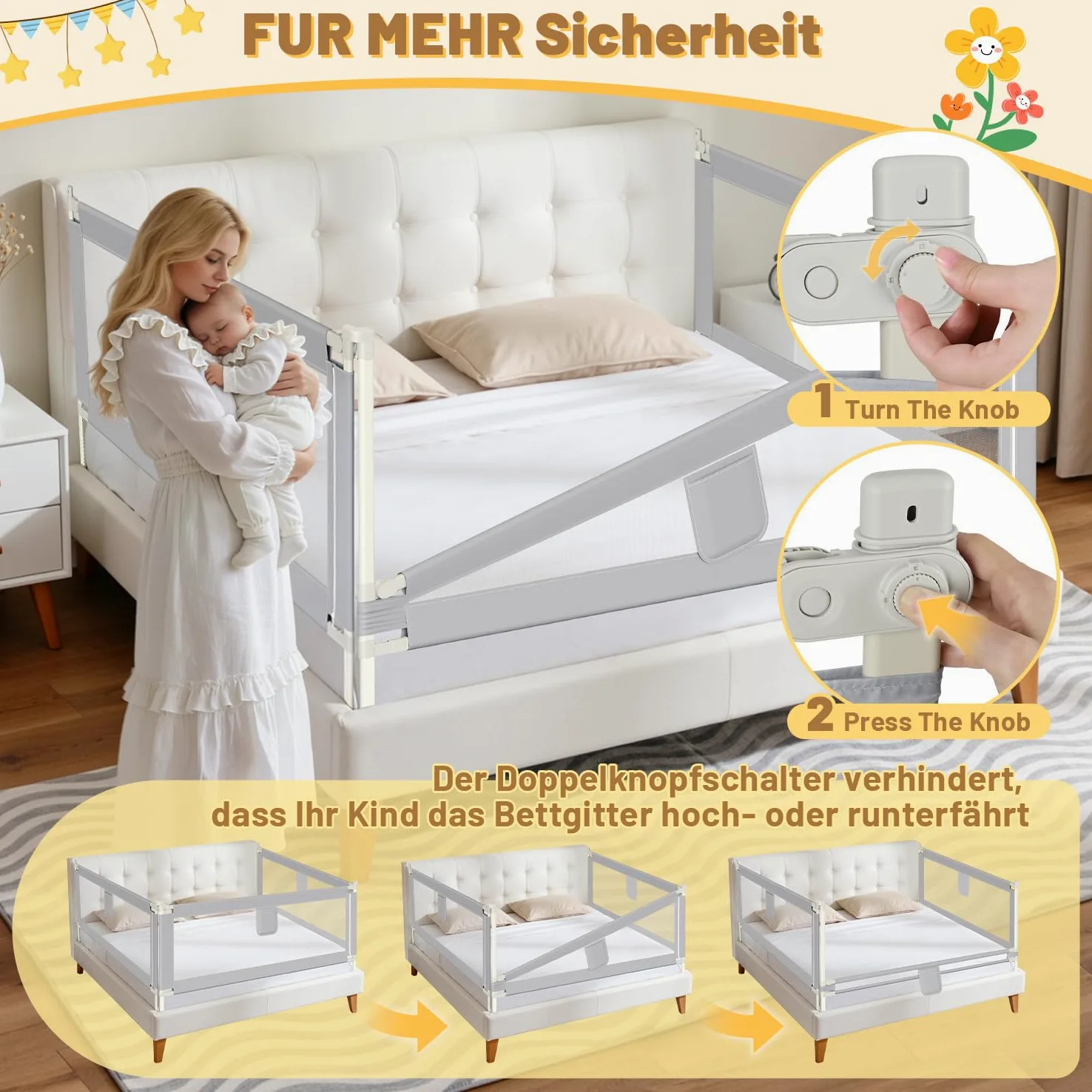 Ikodm Barrera para cama de 200 cm x 2 + 180 cm x 1, altura regulable 64-96 cm, para bebés y niños, con interruptor de doble botón, fácil montaje, color gris