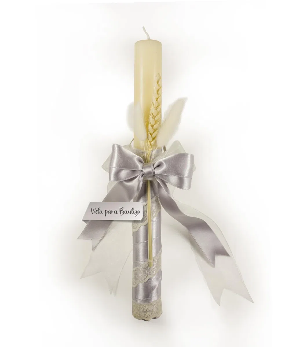 Vela Bautizo – Cirio Bautizo- Vela Bautizo Decorada- Artesanal – Vela color marfil -Vela cera de abeja natural – Vela litúrgica – Vela Larga blanca - Bautizos - Comuniones y Bodas (GRIS PERLA)