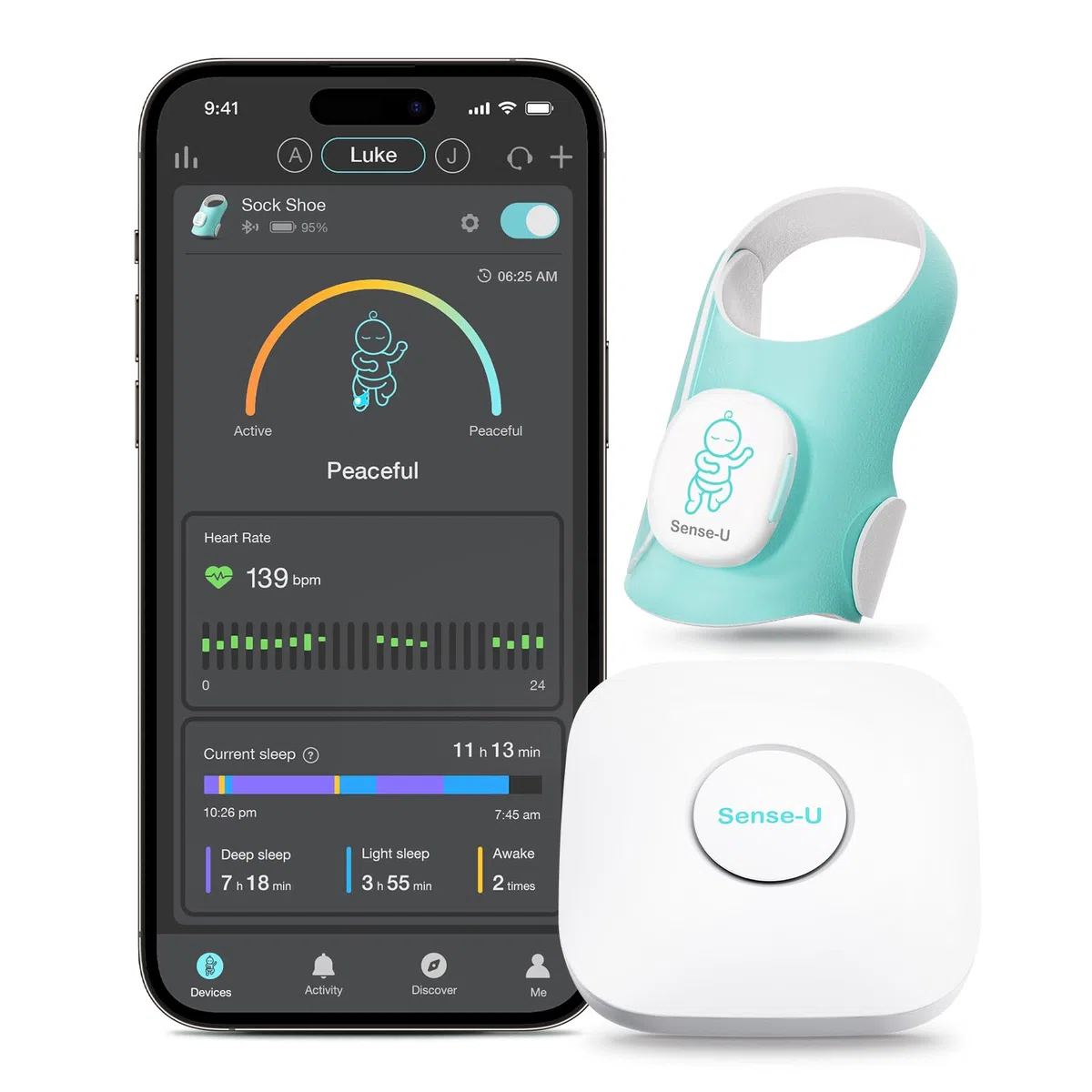 Sense-U Calcetín Inteligente (de Largo Alcance) Monitor para Bebés con Indicador de Sueño y Notificaciones en el Dispositivo, Rastrea Frecuencia Cardíaca y Movimiento Desde Cualquier Lugar