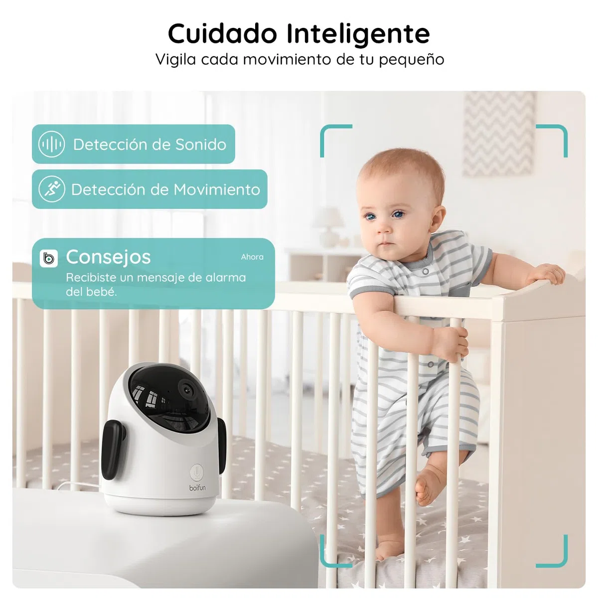 BOIFUN Vigilabebes con 2 Camaras con App Movil, 1080P Camara Vigilancia Bebe Pantalla Dividida, 360°Seguimiento Automático, Monitoreo de Movimiento, Valla Virtual con IA, Zoom 4X