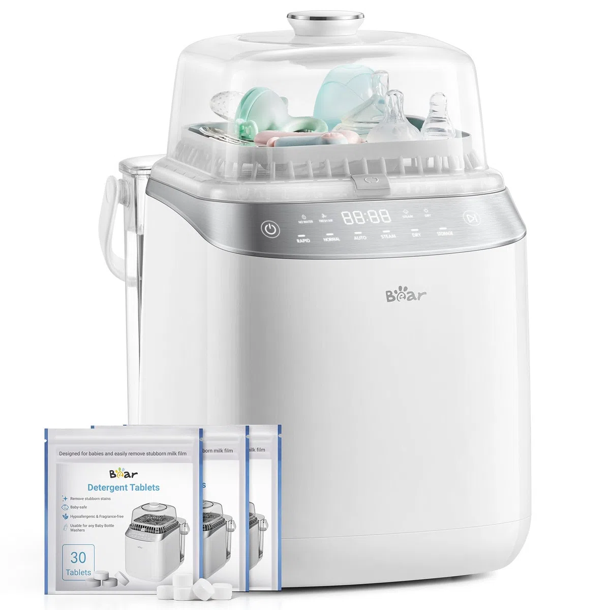Bear Bottle Washer Pro - Limpiador Automático para Biberones | Limpieza Rápida, Esterilización a Alta Temperatura y Secado | 90 Tabletas de Limpieza Incluidas | Capacidad para 4 Biberones y Accesorios