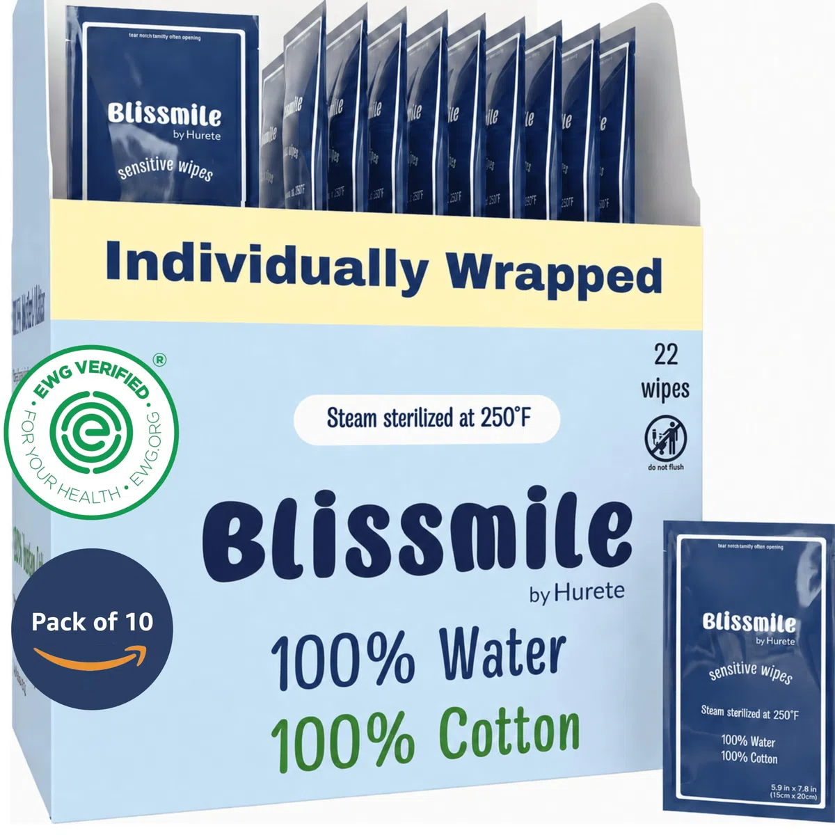 Blissmile Toallitas húmedas 100% de agua, envueltas individualmente, tamaño de viaje, 220 unidades | Sin perfume y sin fragancia, 100% algodón, suave para bebés, mujeres y piel sensible, cuidado facial, manos, cuerpo y mujer