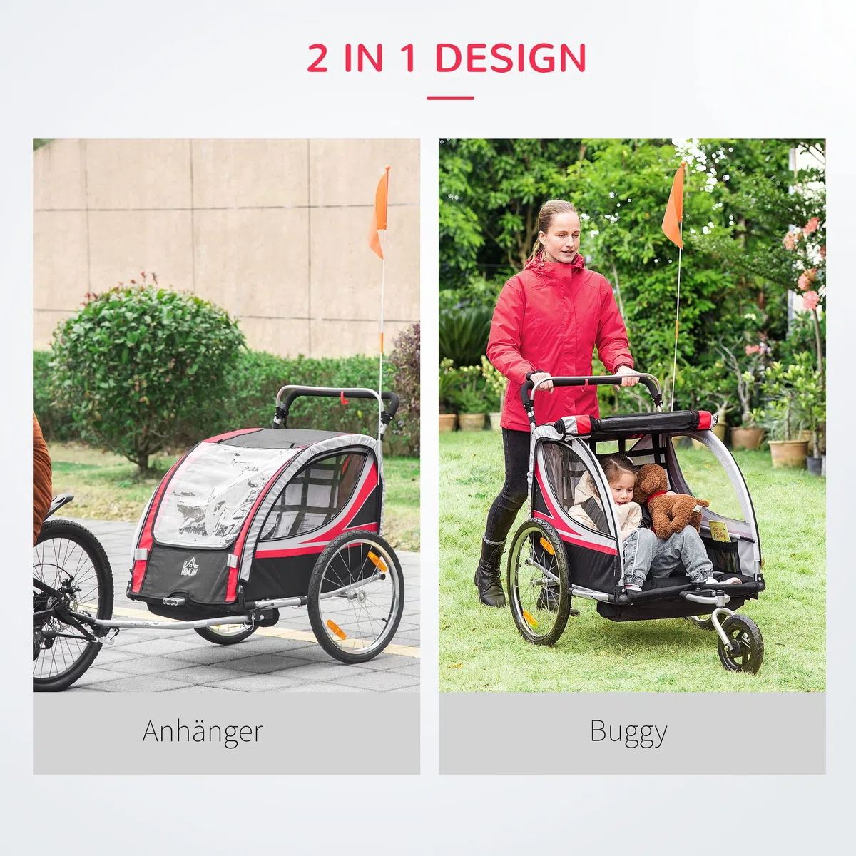 HOMCOM Remolque de bicicleta 2 en 1, con puerta de malla para 2 niños, cochecito con freno, colgante con bolsa de almacenamiento, tela Oxford, rojo+negro, 142 x 75 x 101 cm