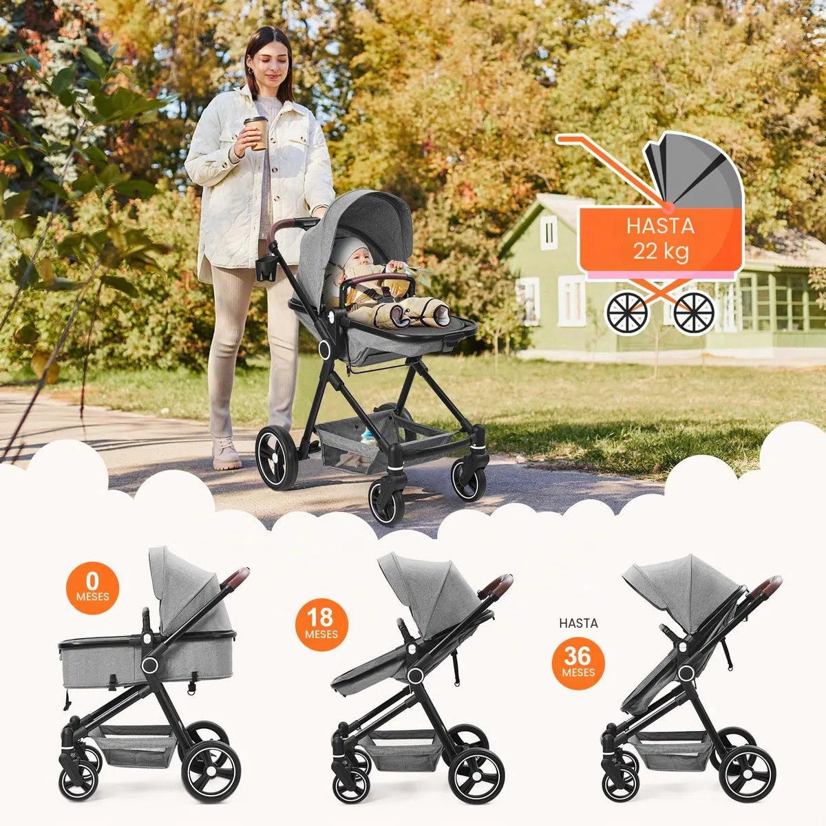 Silla de Paseo Bebé 2 en 1 con Asiento y Cuna Ajustables, Carrito Bebé con Compacto y Ligero, Toldo Retráctil, Cesta de Almacenamiento, Cinturón de Seguridad y Amortiguadores