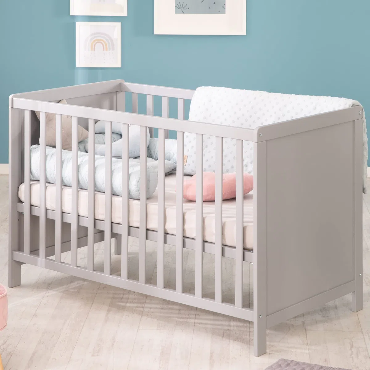 roba Cuna Colecho 60 x 120 cm, 2en1, Convertible en Cama de Bebé Independiente, Ajustable en Altura, 5 Barrotes Desmontables, Madera Gris