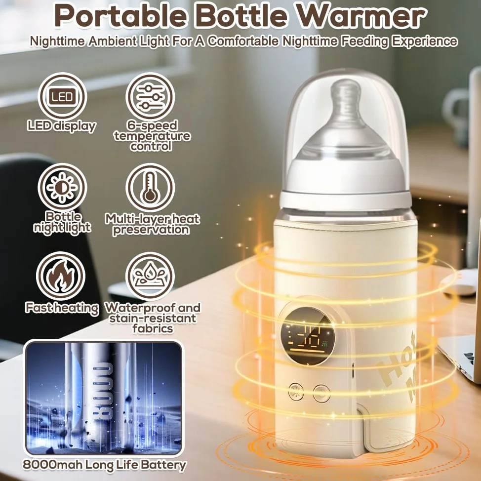 Calentador de Biberones Portátil para Leche, 8000 mAh Calientabiberones Portátil con Pantalla LCD Calentador de Botellas con 6 Temperaturas Ajustables Calentador Biberones para Hogar, Coche, Viajes