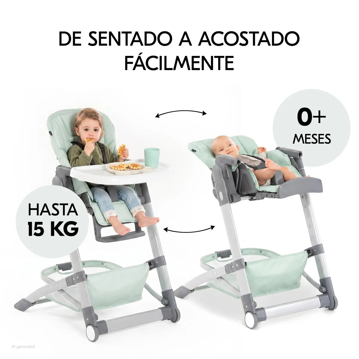 hauck Grow Up Tronas de Bebe Plegables Aptas desde el Nacimiento – Silla Alta con Función Acostada - Bandeja - Ruedas - Altura Regulable - Evolutiva - Portátil - Menta