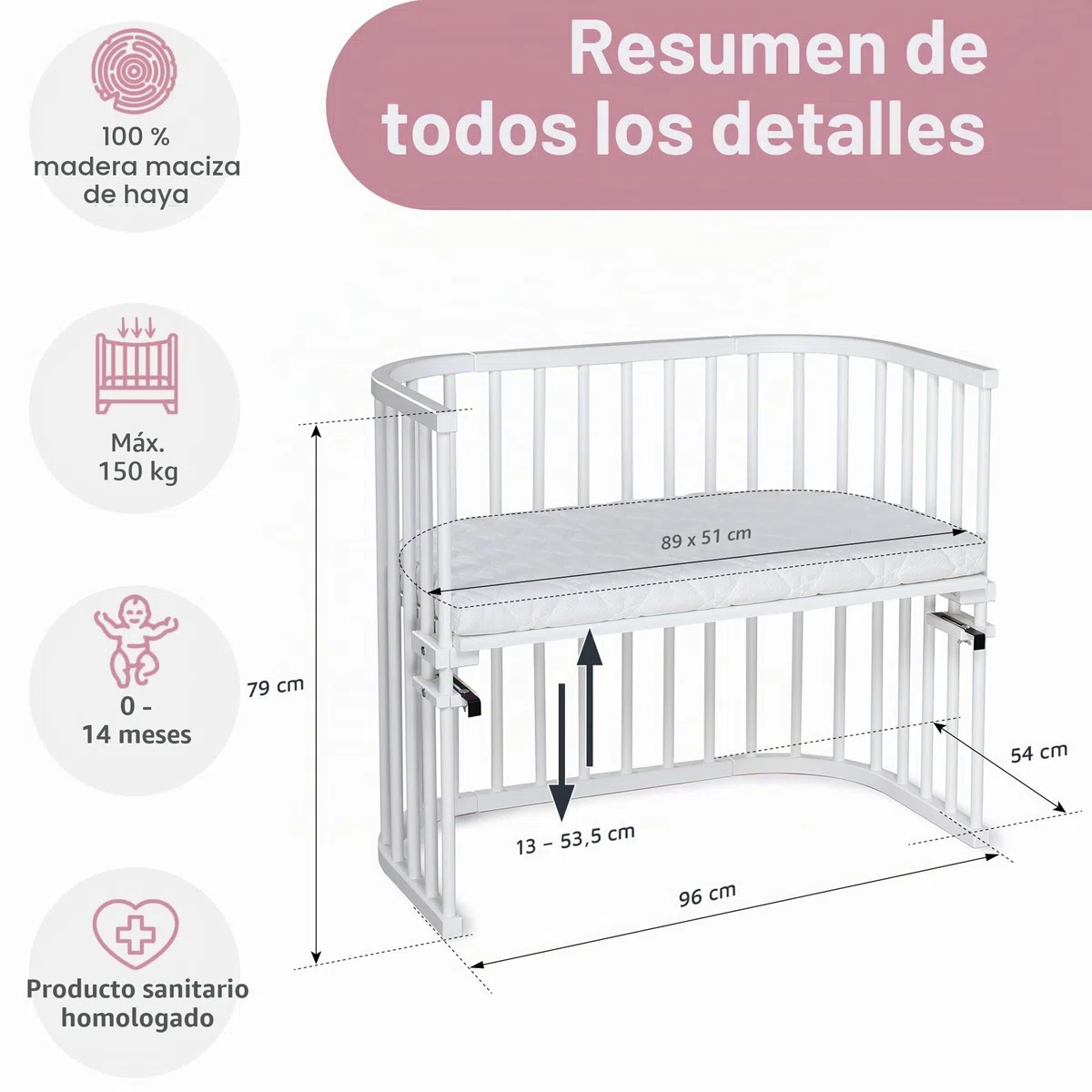 Babybay Maxi cuna colecho de madera de haya maciza con colchón Classic Soft para el día y la noche/Cuna regulable en altura & ecológica/Cuna que crece con el niño