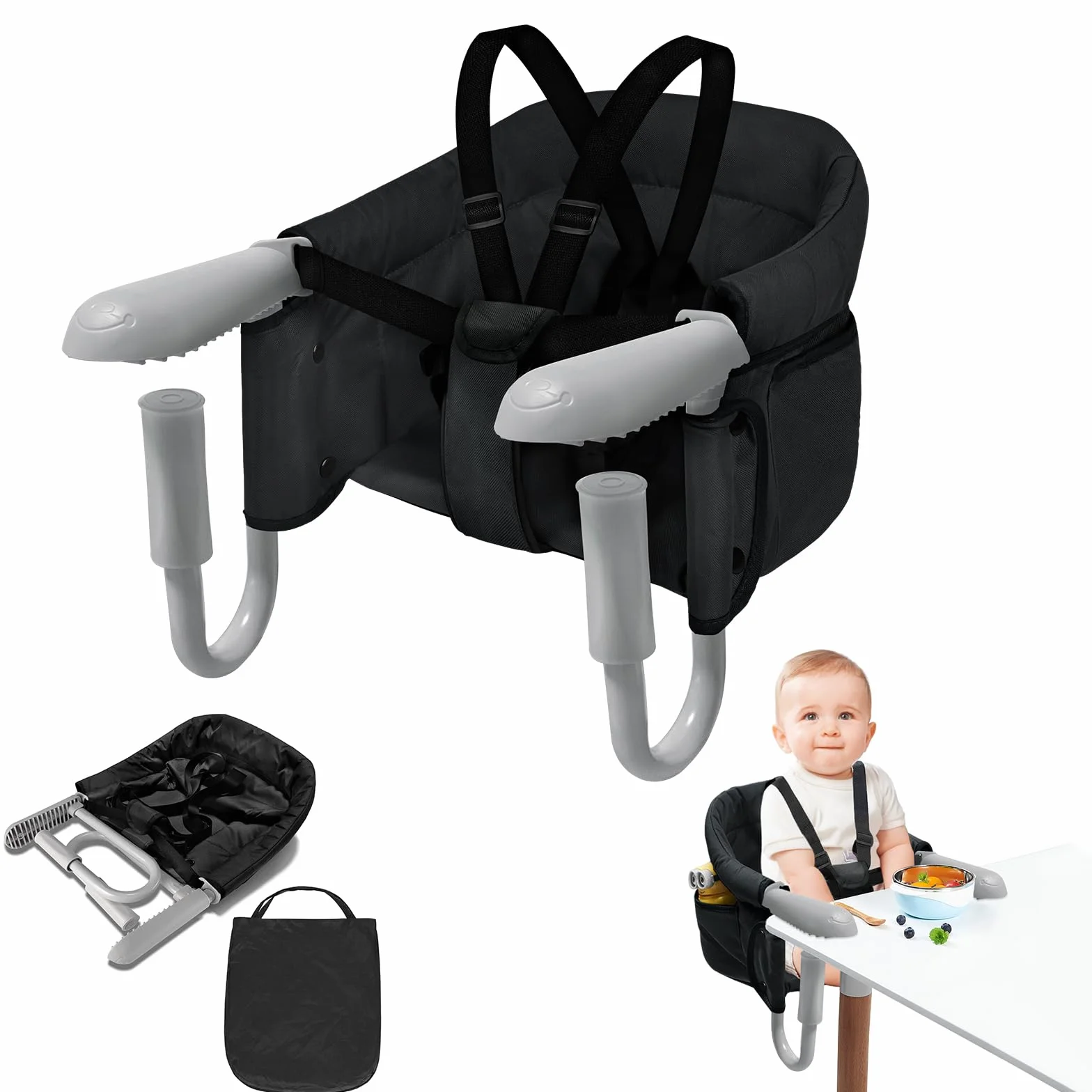 ACXIN Asiento de mesa para bebé, trona, incluye bolsa de transporte, trona móvil para restaurantes, viajes y como, soporta hasta 15 kg (negro)
