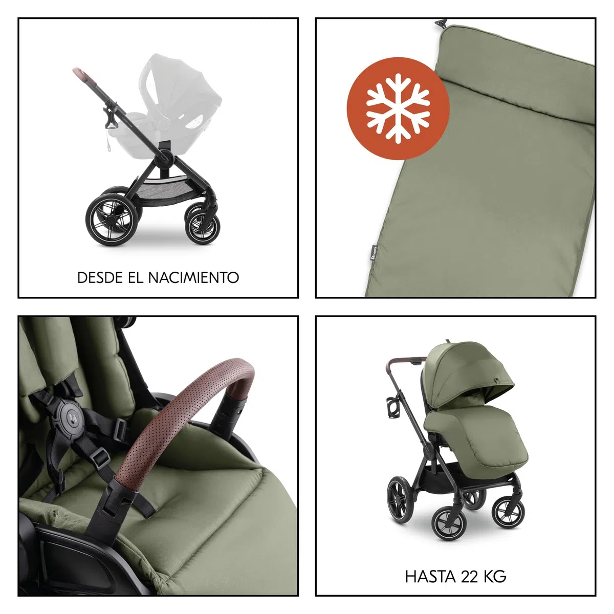 hauck Comfort N Care Carrito Bebe desde Nacimiento hasta 22 kg - Reversible y Reclinable - Capota XL UPF 50+ - Silla de Paseo con Suspensión - Cubrepiernas y Portavasos - Oliva