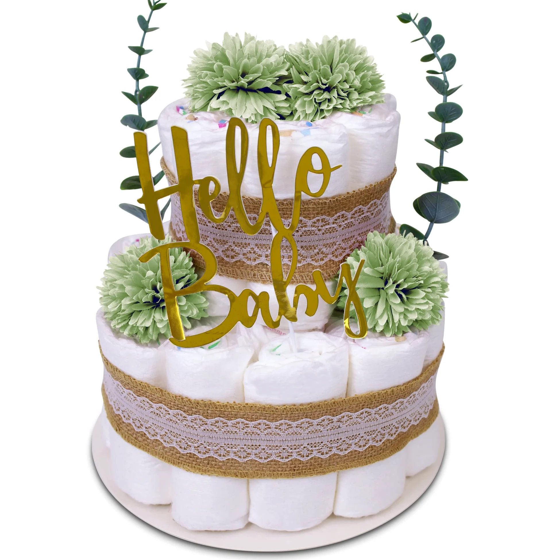 MilaBoo® Tarta de pañales vintage eucalipto verde I Regalo recién nacido con pañales hipp