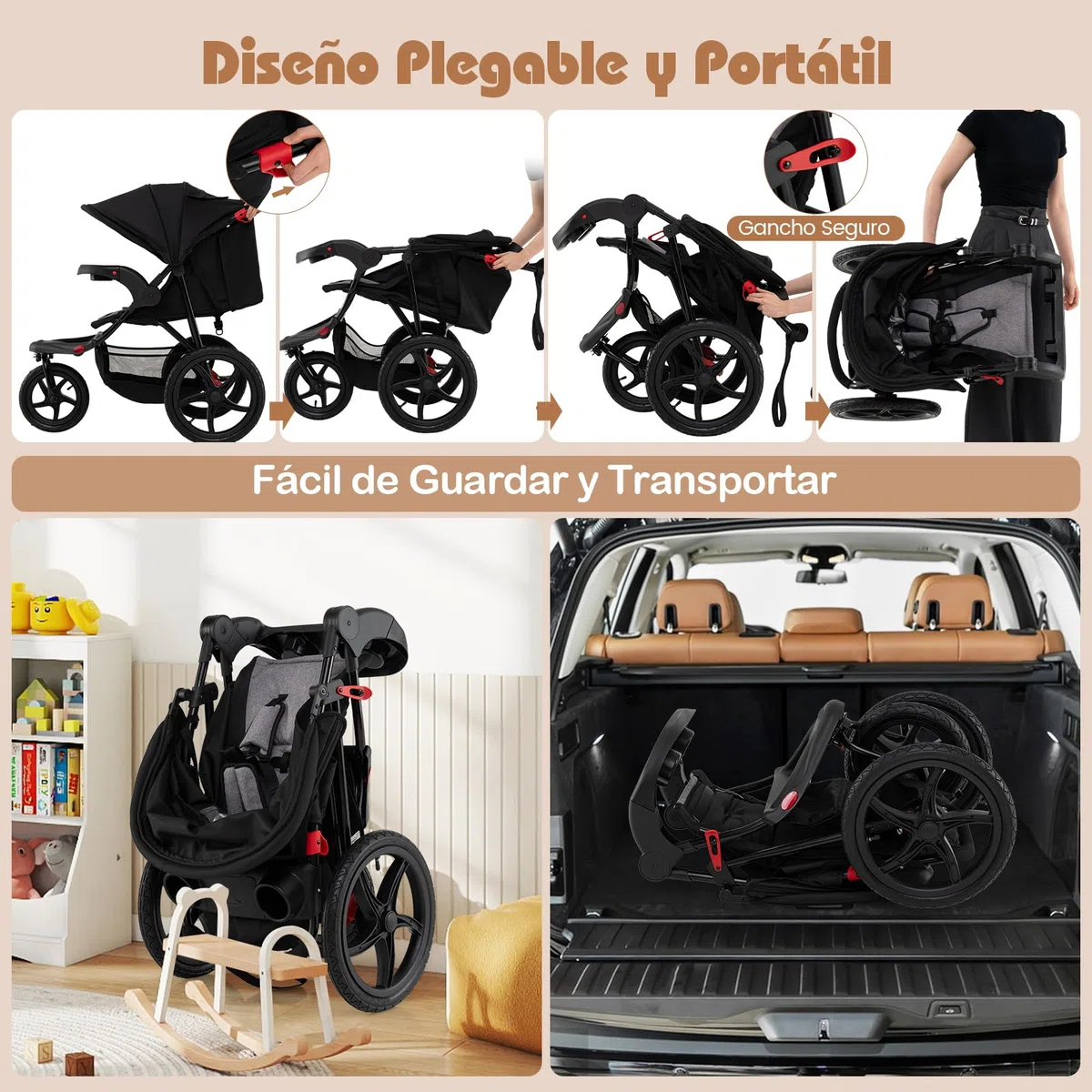 COSTWAY Silla de Paseo Ligera, Carrito Bebé Plegable con Dosel Ajustable, Asiento Reclinable, Bandeja Desmontable, Bolsa de Almacenaje y Ruedas Infladss, Carro para Bebés de 0 a 48 Meses