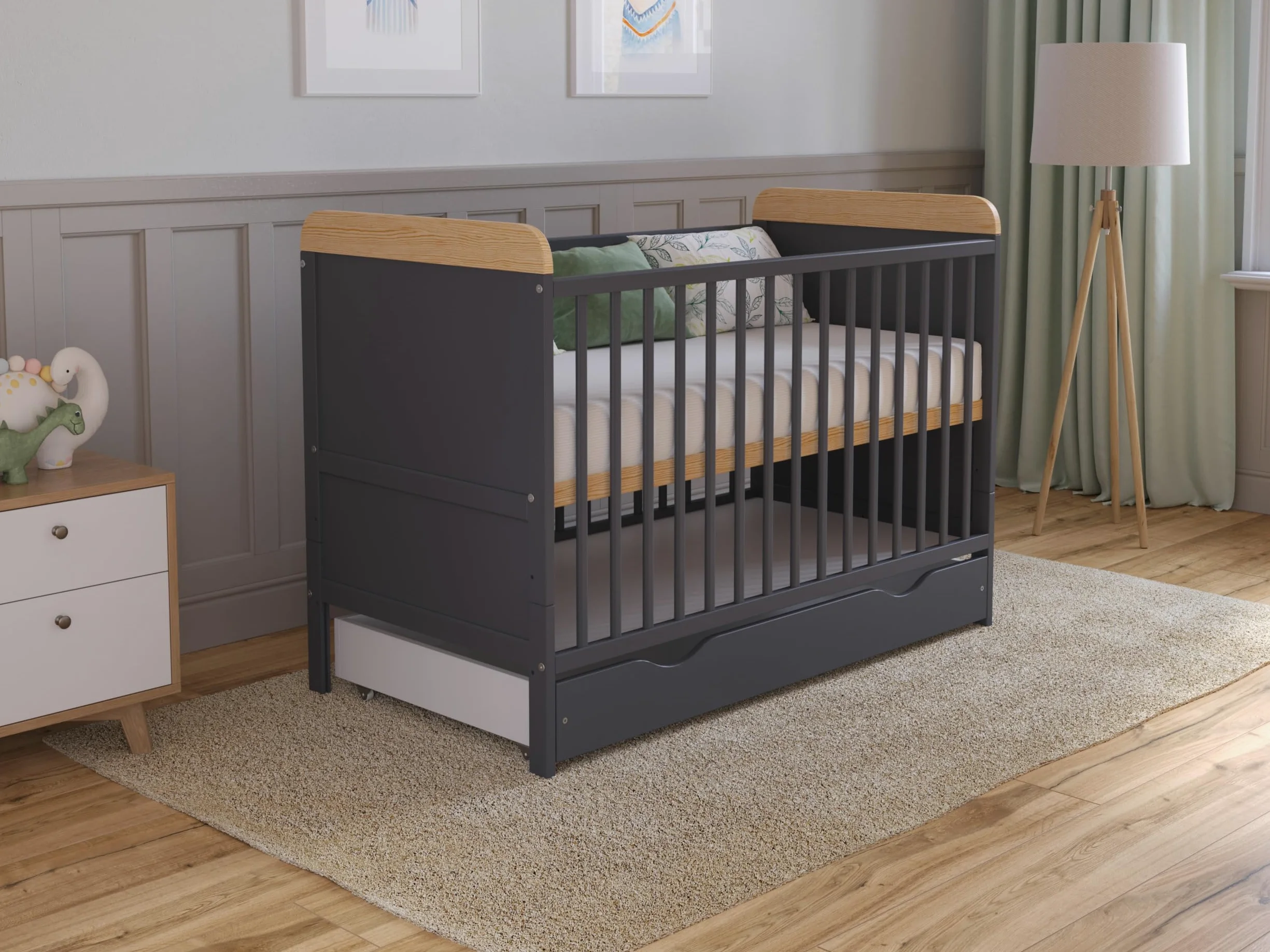 Love For Sleep Cuna Convertible en Cama 120x60 cm - con Cajón & Colchón - Cuna Madera Antracita-Pino, Juego Completo de Cuna - Cuna Cama Bebe Convertible