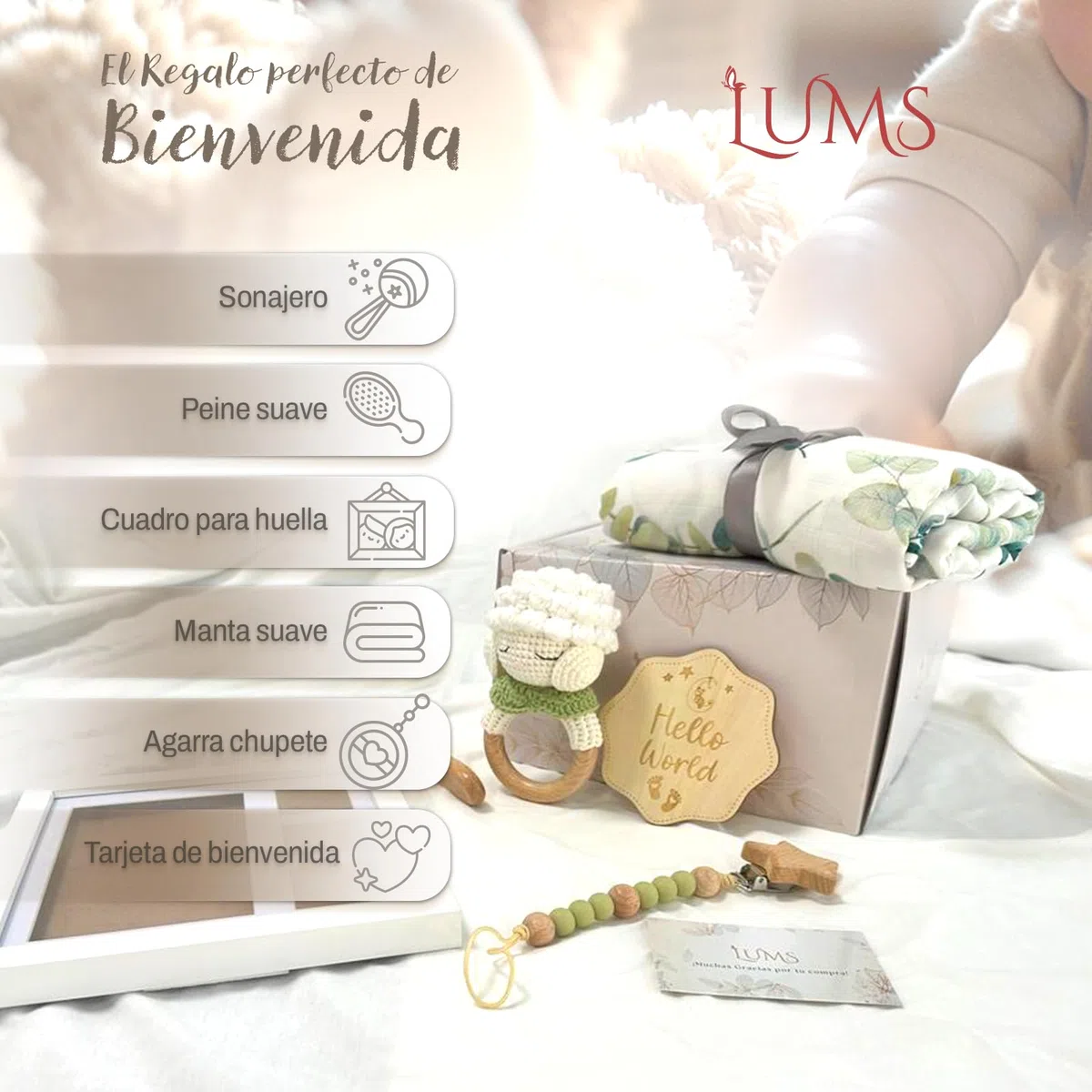 LUMS Canastilla Bebé Recién Nacido | Set Regalo 6 Piezas: Marco Huellas, Manta Bambú, Sonajero, Peine, Tarjeta Madera, Portachupetes y Caja Regalo – Cesta Bebé Unisex para Baby Shower, Nacimiento
