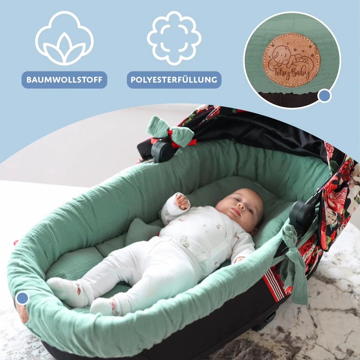 Cubre capazo universal cubrecapazos muselina - vestidura carro bebe nido cochecito accesorios set 3 piezas con almohada y inserción de góndola Verde