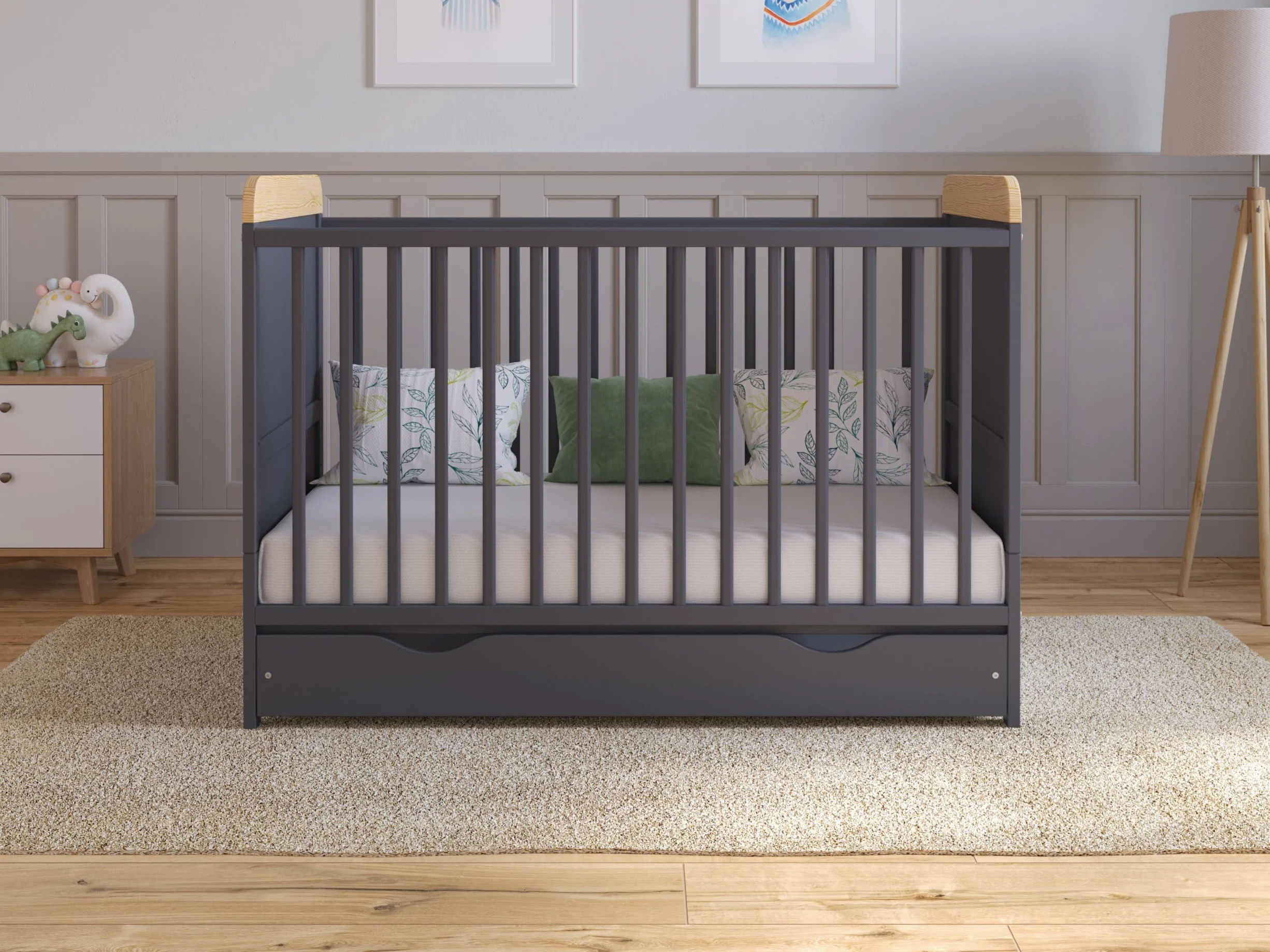 Love For Sleep Cuna Convertible en Cama 120x60 cm - con Cajón & Colchón - Cuna Madera Antracita-Pino, Juego Completo de Cuna - Cuna Cama Bebe Convertible