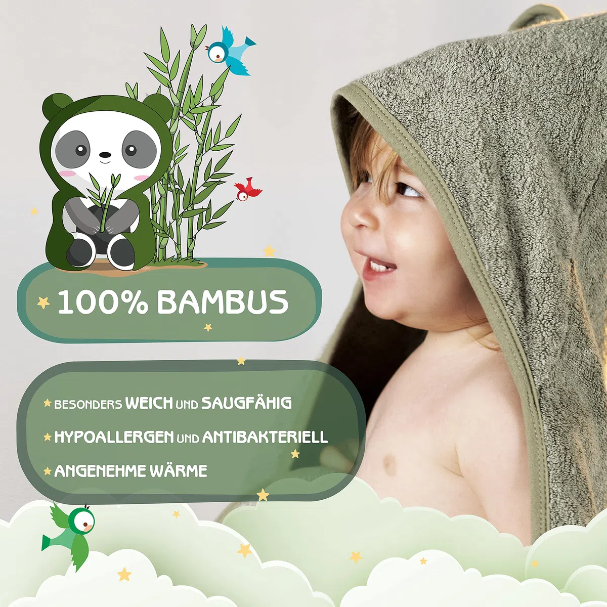 FUCHSUNDPANDA Toalla con capucha para bebé, extragruesa, cálida y suave, 75 x 75 cm, toalla de bebé con capucha, 100% bambú, toalla de mano para bebé con capucha con gran envoltorio de regalo (verde
