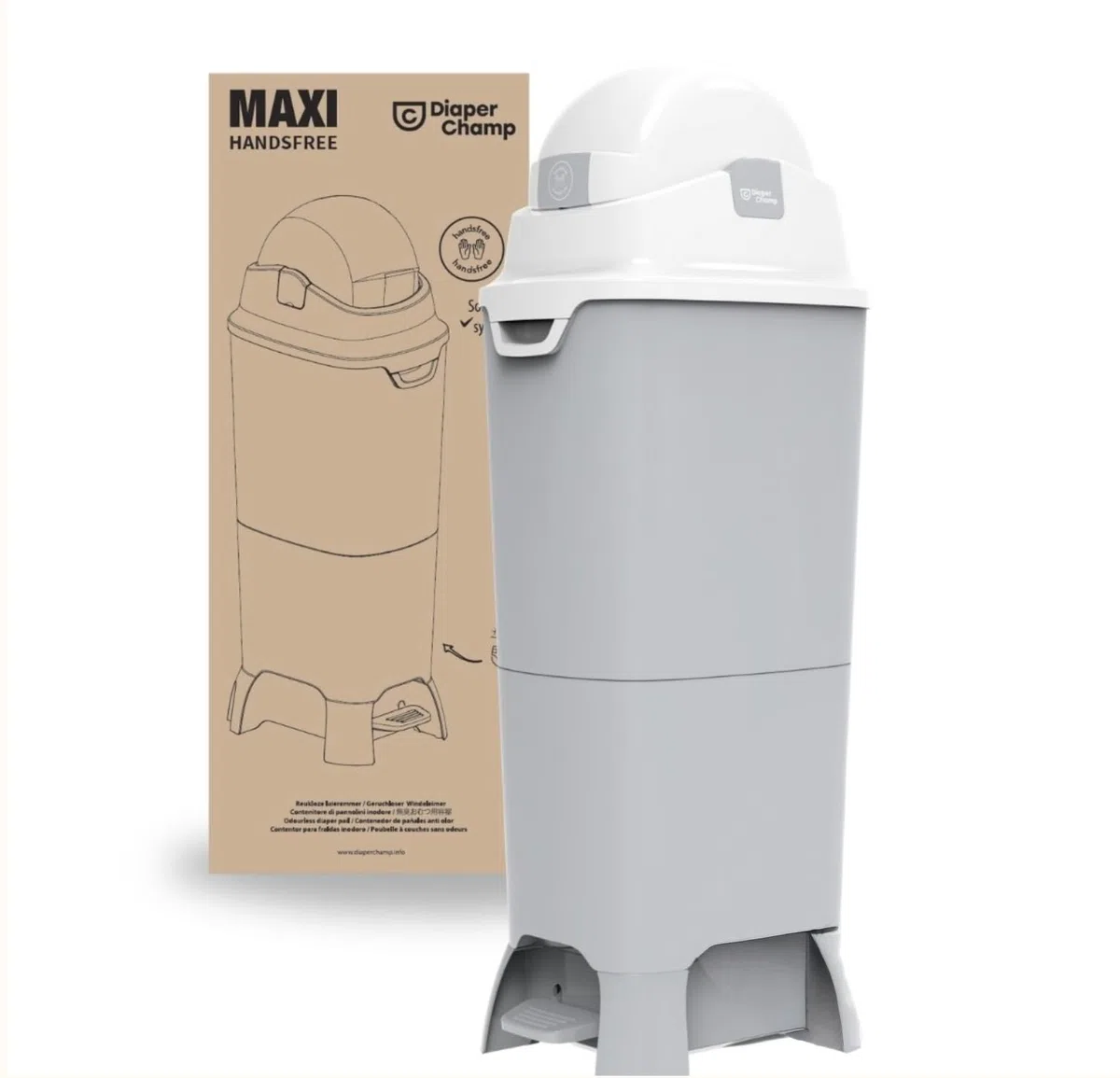 DIAPER CHAMP One Maxi Handsfree - Cubo de pañales con pedal (resistente a los olores, manejo sin contacto, sin cartuchos de relleno, para bolsas de basura normales, para 60 pañales), color plateado y