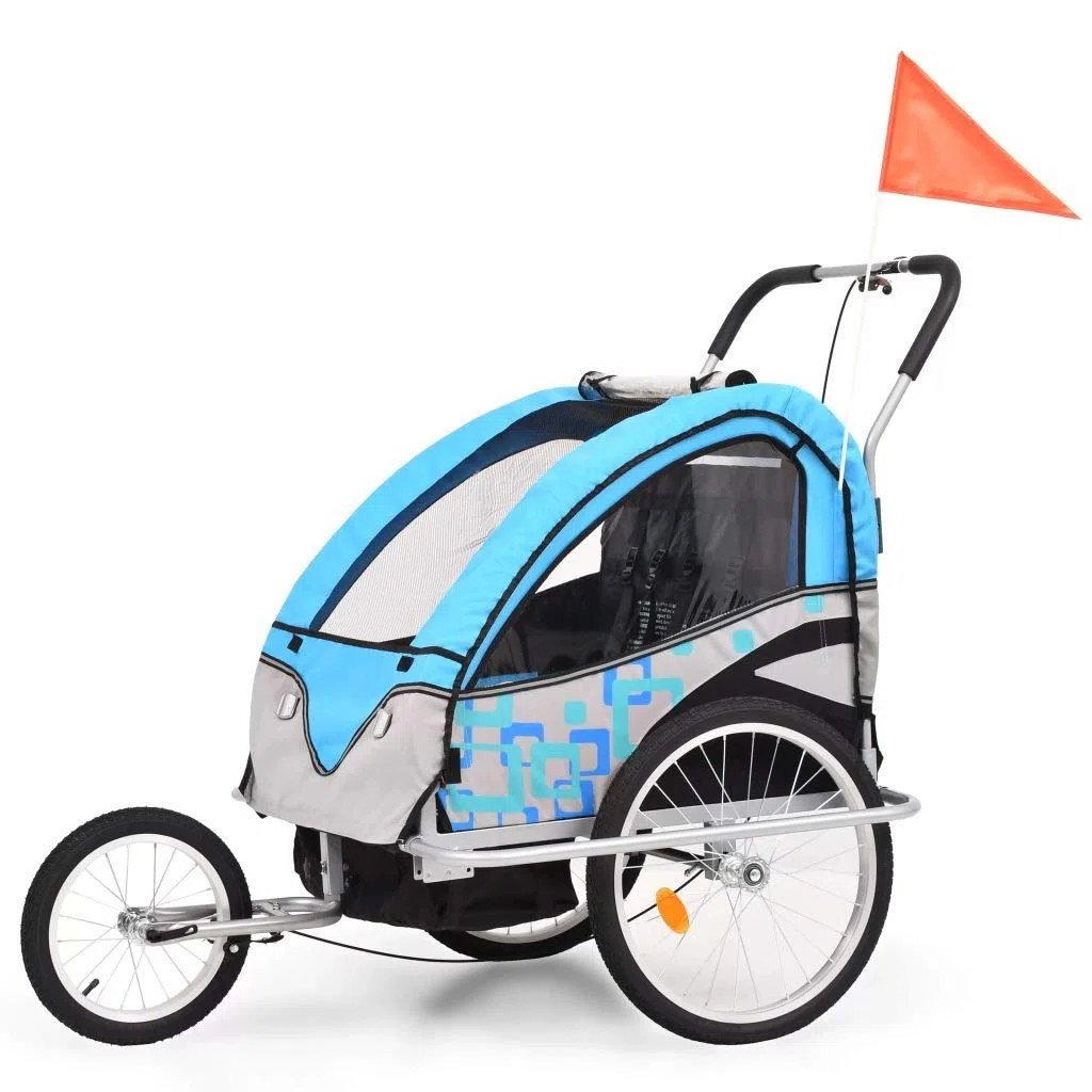 BaraSh Cochecito y Remolque de Bicicleta para niños 2-en-1 Azul Gris Remolque Bicicleta niños portaequipajes Bicicleta