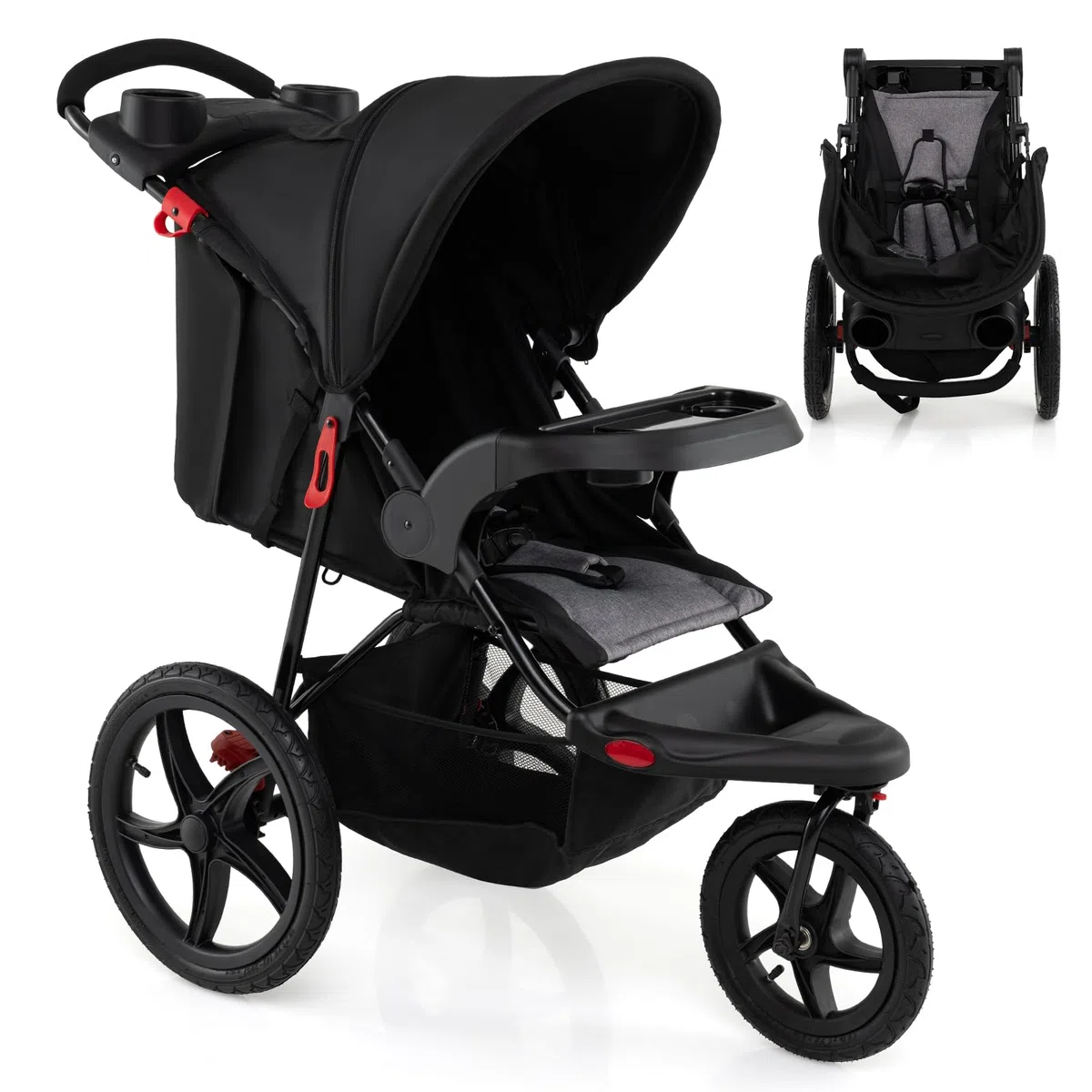 COSTWAY Silla de Paseo Ligera, Carrito Bebé Plegable con Dosel Ajustable, Asiento Reclinable, Bandeja Desmontable, Bolsa de Almacenaje y Ruedas Infladss, Carro para Bebés de 0 a 48 Meses